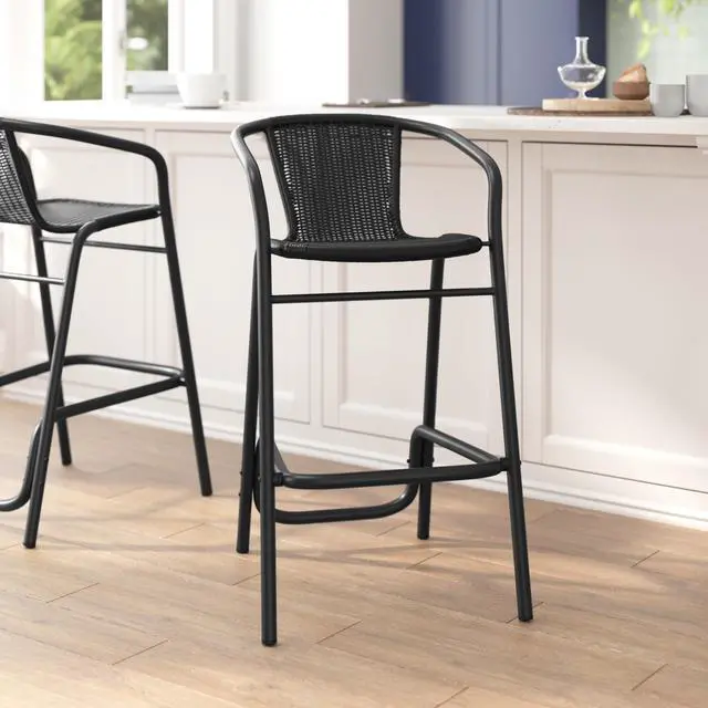 Alt view image 5 of 7 - Flash Furniture Lila Commercial Grade Rattan Indoor-Outdoor Commercial Restaurant Barstool - Rattan Seat and Back - Footrest - Black
