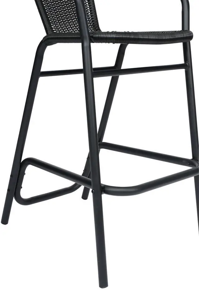 Alt view image 7 of 7 - Flash Furniture Lila Commercial Grade Rattan Indoor-Outdoor Commercial Restaurant Barstool - Rattan Seat and Back - Footrest - Black