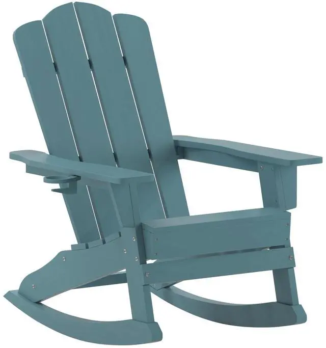 Alt view image 2 of 7 - Flash Furniture Newport Adirondack Rocking Chair with Cup Holder, Weather Resistant Poly Resin Adirondack Rocking Chair, Blue