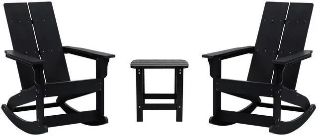 Alt view image 14 of 19 - Set of 2 Black Finn Modern Commercial Grade All-Weather 2-Slat Poly Resin Rocking Adirondack Chairs with Matching Side Table