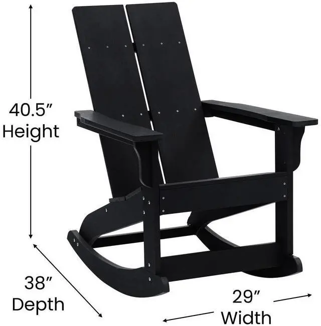 Alt view image 16 of 19 - Set of 2 Black Finn Modern Commercial Grade All-Weather 2-Slat Poly Resin Rocking Adirondack Chairs with Matching Side Table
