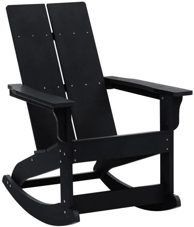 Alt view image 18 of 19 - Set of 2 Black Finn Modern Commercial Grade All-Weather 2-Slat Poly Resin Rocking Adirondack Chairs with Matching Side Table