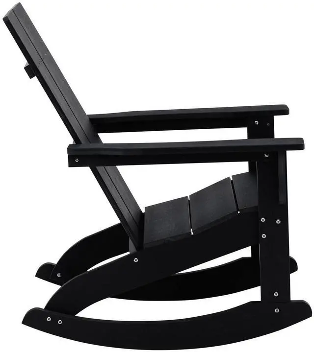 Alt view image 19 of 19 - Set of 2 Black Finn Modern Commercial Grade All-Weather 2-Slat Poly Resin Rocking Adirondack Chairs with Matching Side Table