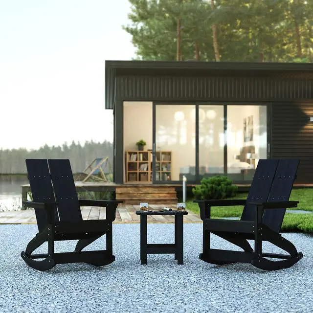 Alt view image 15 of 19 - Set of 2 Black Finn Modern Commercial Grade All-Weather 2-Slat Poly Resin Rocking Adirondack Chairs with Matching Side Table
