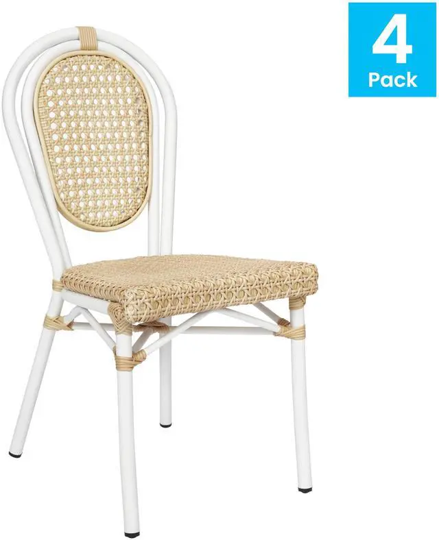Alt view image 3 of 7 - Flash Furniture Cannes Indoor/Outdoor Commercial Thonet Bistro Stack Chair - Natural PE Cane Rattan Back and Seat - White Metal Frame - Set of 4