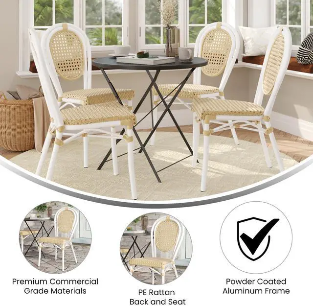 Alt view image 5 of 7 - Flash Furniture Cannes Indoor/Outdoor Commercial Thonet Bistro Stack Chair - Natural PE Cane Rattan Back and Seat - White Metal Frame - Set of 4