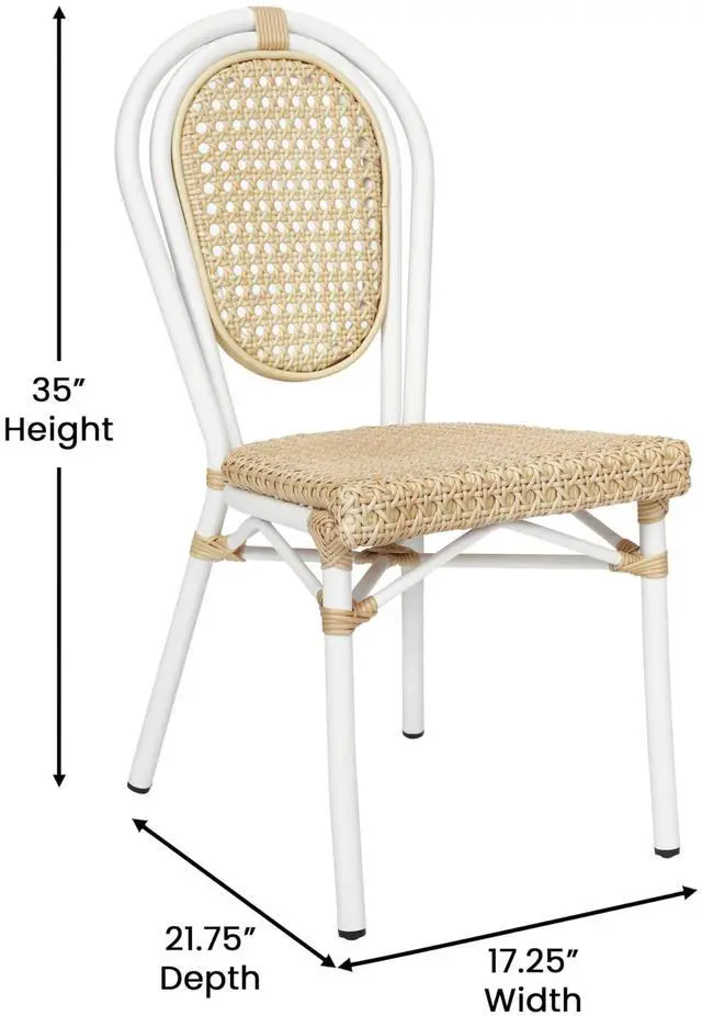 Alt view image 7 of 7 - Flash Furniture Cannes Indoor/Outdoor Commercial Thonet Bistro Stack Chair - Natural PE Cane Rattan Back and Seat - White Metal Frame - Set of 4