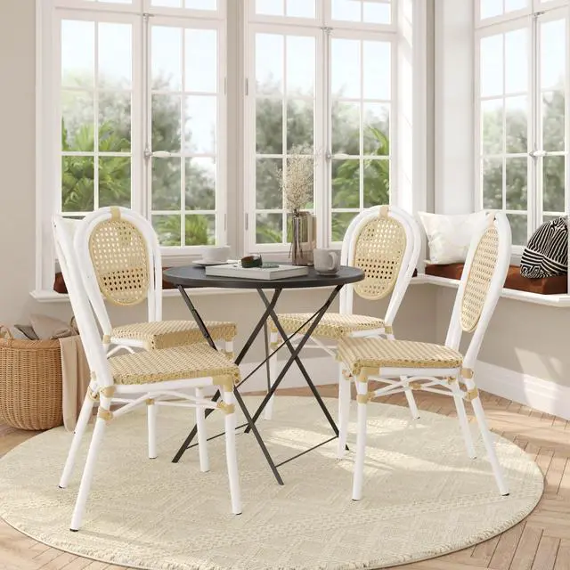 Alt view image 4 of 7 - Flash Furniture Cannes Indoor/Outdoor Commercial Thonet Bistro Stack Chair - Natural PE Cane Rattan Back and Seat - White Metal Frame - Set of 4