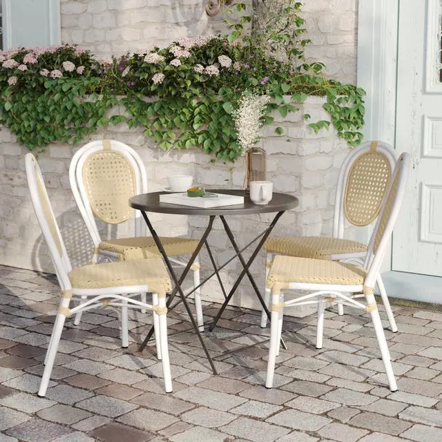 Alt view image 6 of 7 - Flash Furniture Cannes Indoor/Outdoor Commercial Thonet Bistro Stack Chair - Natural PE Cane Rattan Back and Seat - White Metal Frame - Set of 4