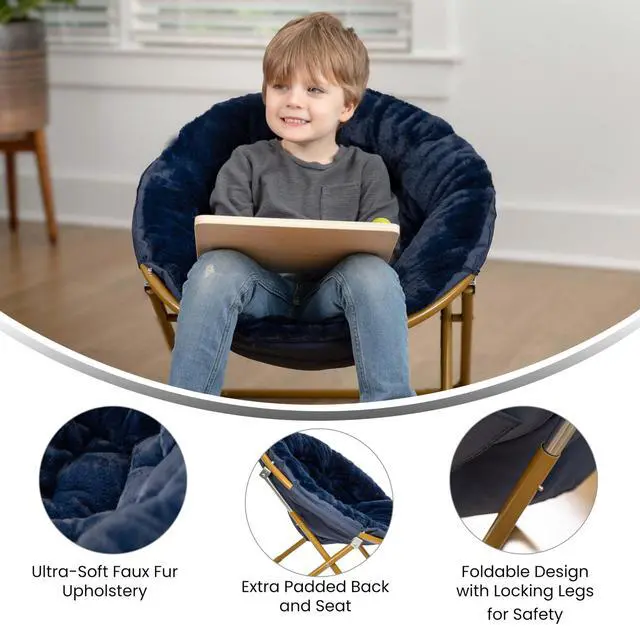 Alt view image 11 of 14 - Flash Furniture Gwen Faux Fur Kids' Folding Saucer Chair Navy (FV-FMC-030-NV-SGD-GG)