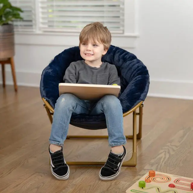Alt view image 13 of 14 - Flash Furniture Gwen Faux Fur Kids' Folding Saucer Chair Navy (FV-FMC-030-NV-SGD-GG)