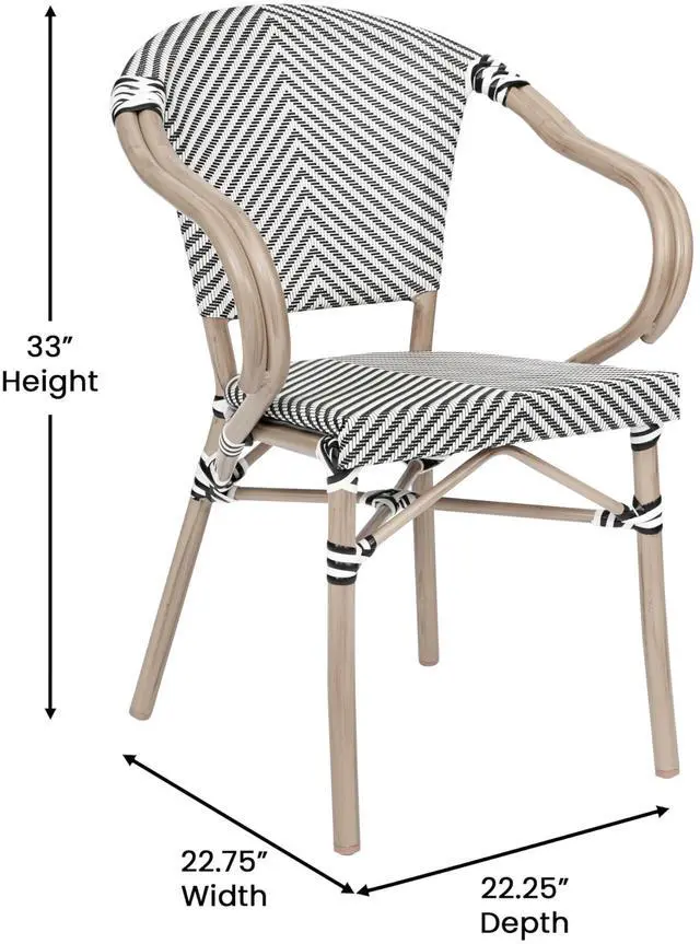 Alt view image 6 of 7 - Flash Furniture Marseille Indoor/Outdoor Commercial Bistro Stack Chair - Curved Arms - Black/White Textilene Back and Seat - LT NAT Bamboo Print Metal Frame