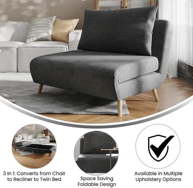 Alt view image 4 of 7 - Flash Furniture Shaw Tri-Fold Convertible Sleeper Chair with Pillow, 3-in-1 Multifunctional Adjustable Sleeper, Channel Stitching, Hideaway Legs, Dark Gray Fabric