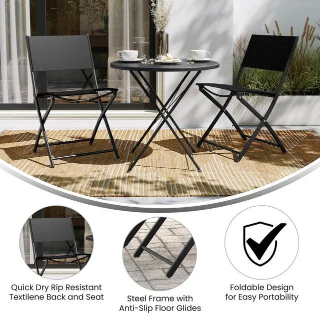 Alt view image 5 of 7 - Flash Furniture Brazos Commercial Indoor-Outdoor Folding Chairs, Flex Comfort Backs/Seats, Metal Frames, Portable Lightweight Foldable Design, Set of 2, Black/Black