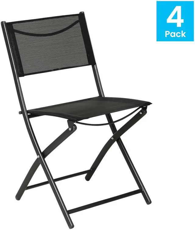 Alt view image 4 of 7 - Flash Furniture Brazos Commercial Indoor-Outdoor Folding Chairs, Flex Comfort Backs/Seats, Metal Frames, Portable Lightweight Foldable Design, Set of 4, Black/Black