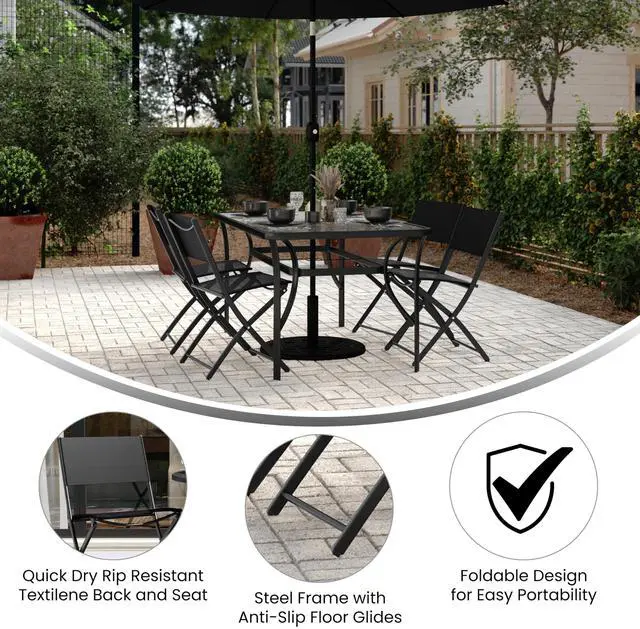 Alt view image 5 of 7 - Flash Furniture Brazos Commercial Indoor-Outdoor Folding Chairs, Flex Comfort Backs/Seats, Metal Frames, Portable Lightweight Foldable Design, Set of 4, Black/Black