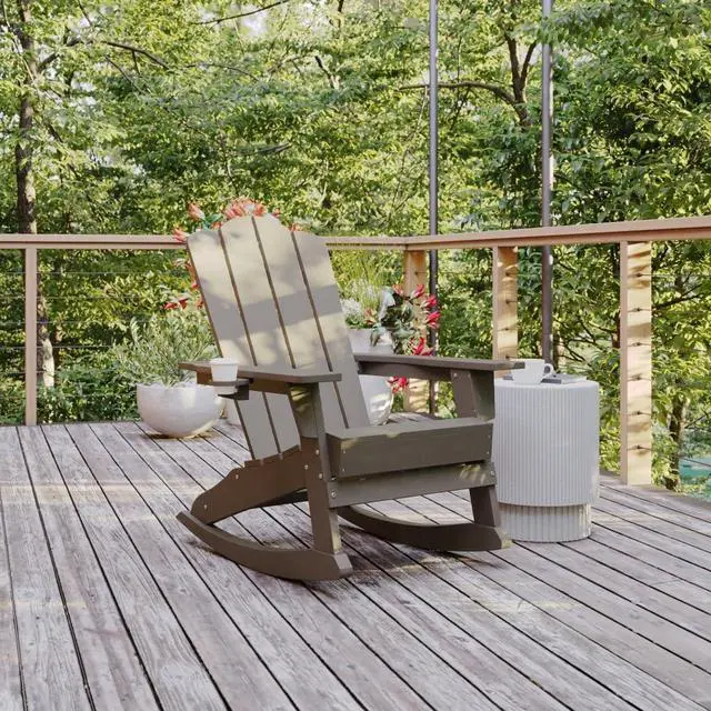 Alt view image 8 of 14 - Flash Furniture Newport Adirondack Rocking Chair with Cup Holder Brown (LEHMP104431BR)