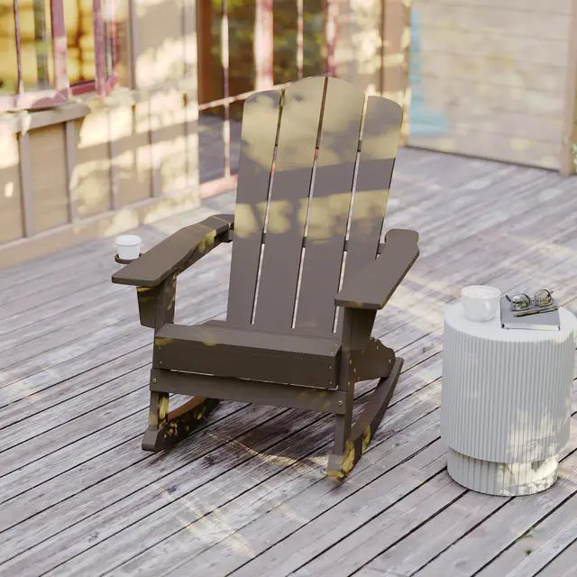 Alt view image 11 of 14 - Flash Furniture Newport Adirondack Rocking Chair with Cup Holder Brown (LEHMP104431BR)