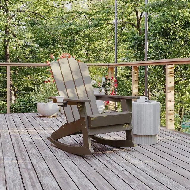 Alt view image 10 of 14 - Flash Furniture Newport Adirondack Rocking Chair with Cup Holder Brown (LEHMP104431BR)