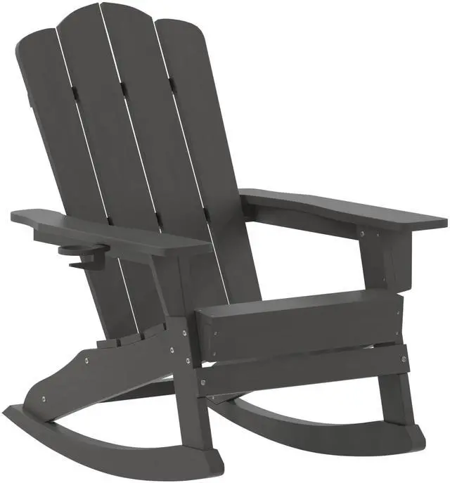 Alt view image 2 of 7 - Flash Furniture Newport Adirondack Rocking Chair with Cup Holder, Weather Resistant Poly Resin Adirondack Rocking Chair, Gray, Set of 1