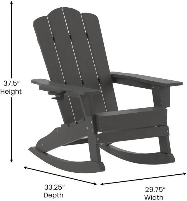 Alt view image 7 of 7 - Flash Furniture Newport Adirondack Rocking Chair with Cup Holder, Weather Resistant Poly Resin Adirondack Rocking Chair, Gray, Set of 1
