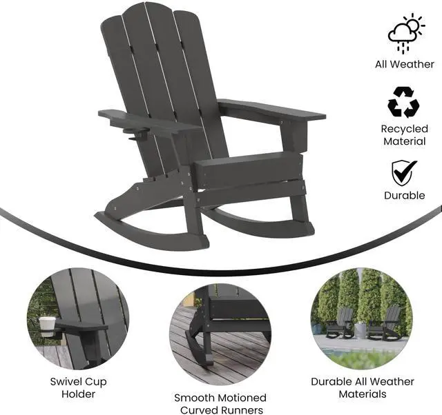Alt view image 4 of 7 - Flash Furniture Newport Adirondack Rocking Chair with Cup Holder, Weather Resistant Poly Resin Adirondack Rocking Chair, Gray, Set of 1