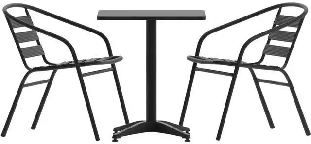 Main image of Flash Furniture Lila 3 Piece Patio Set, 23.5'' Black Square Aluminum Indoor-Outdoor Table Set with 2 Black Slat Back Chairs