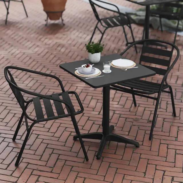 Alt view image 6 of 7 - Flash Furniture Lila 3 Piece Patio Set, 23.5'' Black Square Aluminum Indoor-Outdoor Table Set with 2 Black Slat Back Chairs