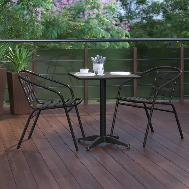 Alt view image 7 of 7 - Flash Furniture Lila 3 Piece Patio Set, 23.5'' Black Square Aluminum Indoor-Outdoor Table Set with 2 Black Slat Back Chairs