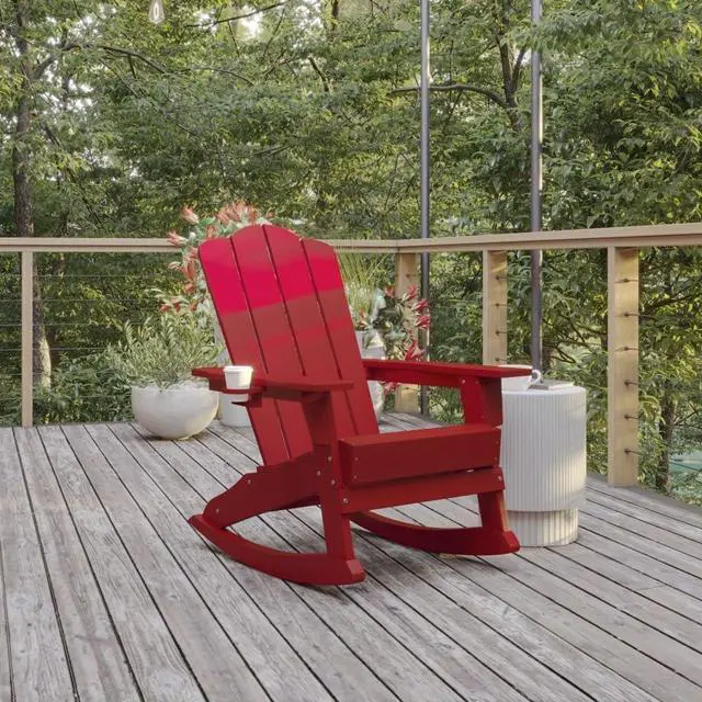 Main image of Flash Furniture Newport Adirondack Rocking Chair with Cup Holder, Weather Resistant Poly Resin Adirondack Rocking Chair, Red