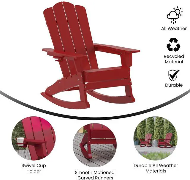 Alt view image 4 of 7 - Flash Furniture Newport Adirondack Rocking Chair with Cup Holder, Weather Resistant Poly Resin Adirondack Rocking Chair, Red