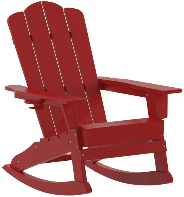 Alt view image 2 of 7 - Flash Furniture Newport Adirondack Rocking Chair with Cup Holder, Weather Resistant Poly Resin Adirondack Rocking Chair, Red