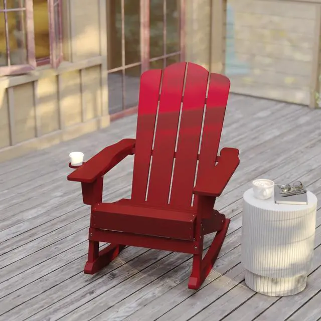 Alt view image 5 of 7 - Flash Furniture Newport Adirondack Rocking Chair with Cup Holder, Weather Resistant Poly Resin Adirondack Rocking Chair, Red