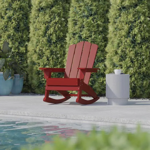 Alt view image 6 of 7 - Flash Furniture Newport Adirondack Rocking Chair with Cup Holder, Weather Resistant Poly Resin Adirondack Rocking Chair, Red
