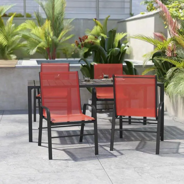 Alt view image 14 of 20 - 4 Pack Brazos Series Black Outdoor Stack Chair with Flex Comfort Material and Metal Frame