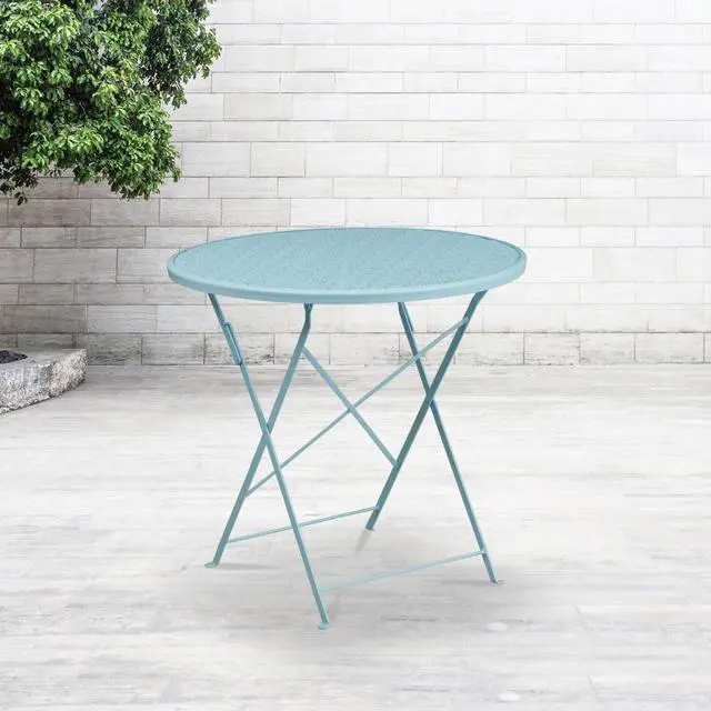 Alt view image 16 of 17 - Commercial Grade 30" Round Sky Blue Indoor-Outdoor Steel Folding Patio Table