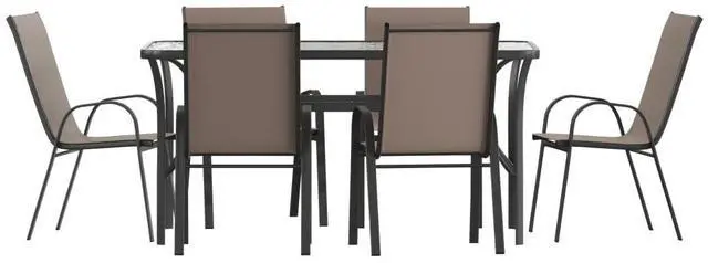Main image of Flash Furniture Brazos Commercial Outdoor Dining Set, 60" Tempered Glass Patio Table with Umbrella Hole, 6 Stack Chairs with Flex Comfort Seats and Backs, Brown/Black