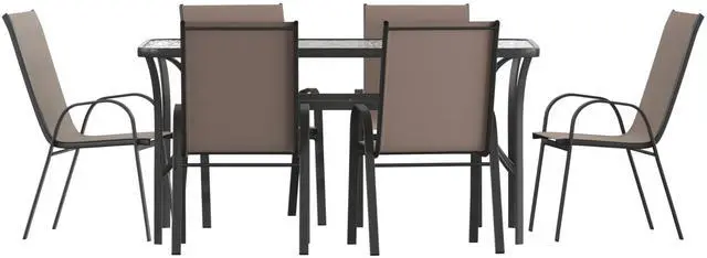 Alt view image 2 of 7 - Flash Furniture Brazos Commercial Outdoor Dining Set, 60" Tempered Glass Patio Table with Umbrella Hole, 6 Stack Chairs with Flex Comfort Seats and Backs, Brown/Black