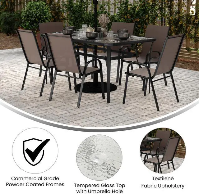 Alt view image 4 of 7 - Flash Furniture Brazos Commercial Outdoor Dining Set, 60" Tempered Glass Patio Table with Umbrella Hole, 6 Stack Chairs with Flex Comfort Seats and Backs, Brown/Black