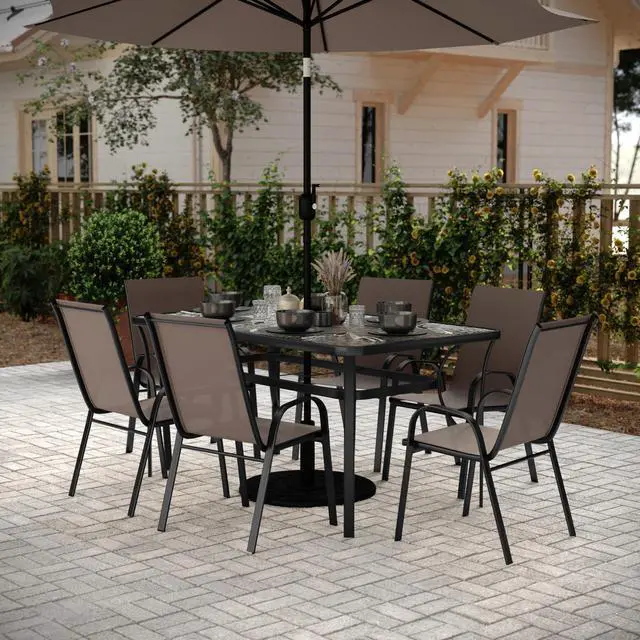 Alt view image 3 of 7 - Flash Furniture Brazos Commercial Outdoor Dining Set, 60" Tempered Glass Patio Table with Umbrella Hole, 6 Stack Chairs with Flex Comfort Seats and Backs, Brown/Black