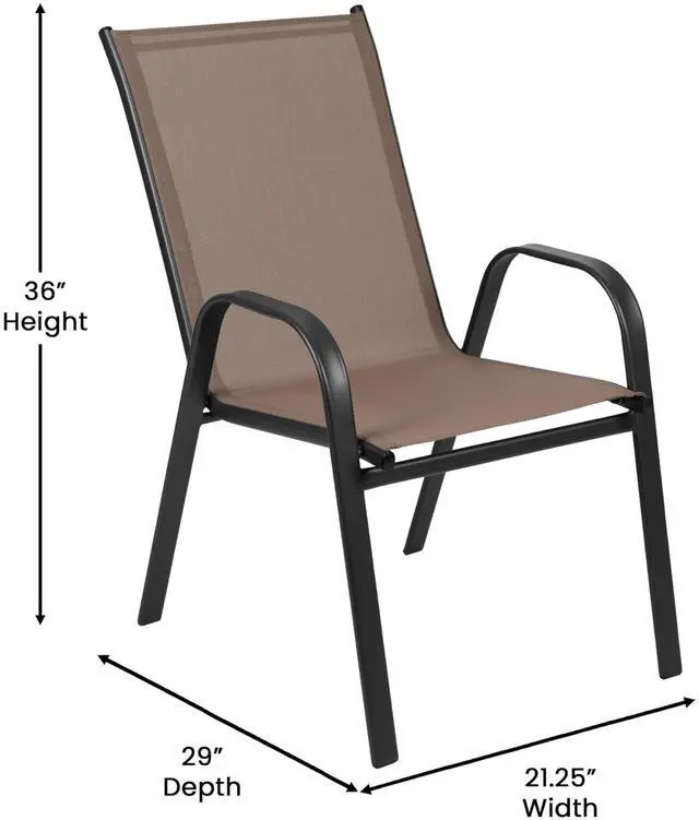 Alt view image 7 of 7 - Flash Furniture Brazos Commercial Outdoor Dining Set, 60" Tempered Glass Patio Table with Umbrella Hole, 6 Stack Chairs with Flex Comfort Seats and Backs, Brown/Black