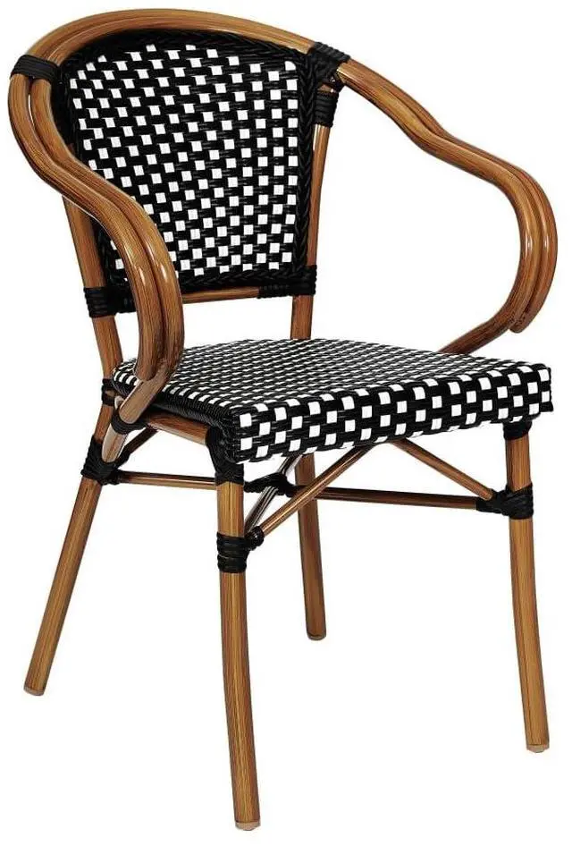 Main image of Flash Furniture Bordeaux Indoor/Outdoor Commercial Bistro Stack Chair - Curved Arms - Black/White PE Rattan Back and Seat - Natural Bamboo Print Metal Frame