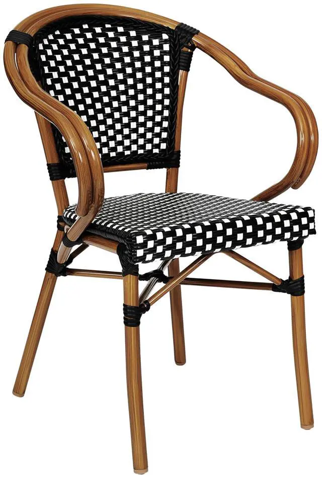 Alt view image 2 of 7 - Flash Furniture Bordeaux Indoor/Outdoor Commercial Bistro Stack Chair - Curved Arms - Black/White PE Rattan Back and Seat - Natural Bamboo Print Metal Frame
