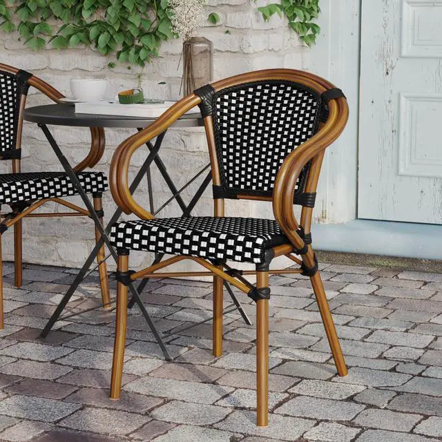 Alt view image 5 of 7 - Flash Furniture Bordeaux Indoor/Outdoor Commercial Bistro Stack Chair - Curved Arms - Black/White PE Rattan Back and Seat - Natural Bamboo Print Metal Frame