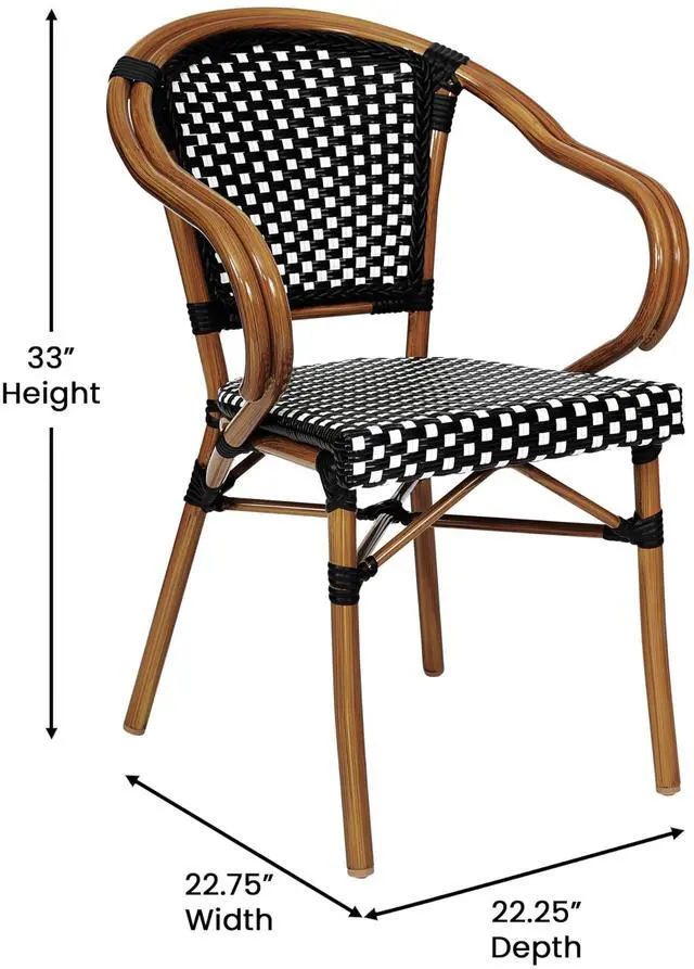 Alt view image 6 of 7 - Flash Furniture Bordeaux Indoor/Outdoor Commercial Bistro Stack Chair - Curved Arms - Black/White PE Rattan Back and Seat - Natural Bamboo Print Metal Frame