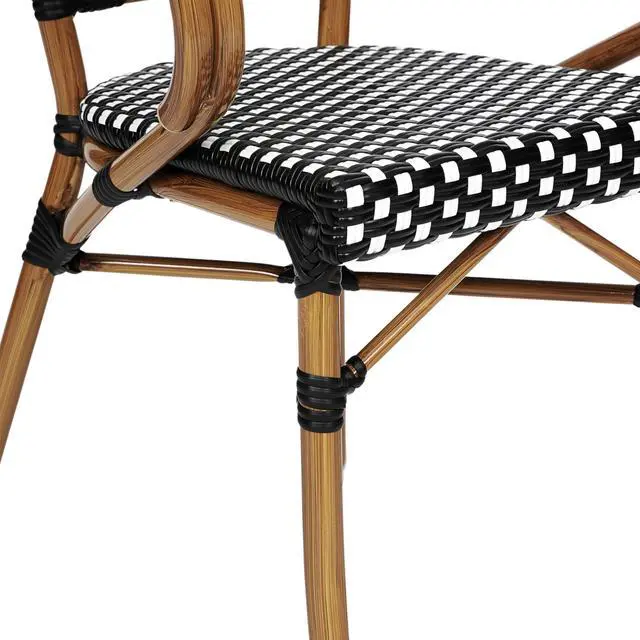 Alt view image 7 of 7 - Flash Furniture Bordeaux Indoor/Outdoor Commercial Bistro Stack Chair - Curved Arms - Black/White PE Rattan Back and Seat - Natural Bamboo Print Metal Frame