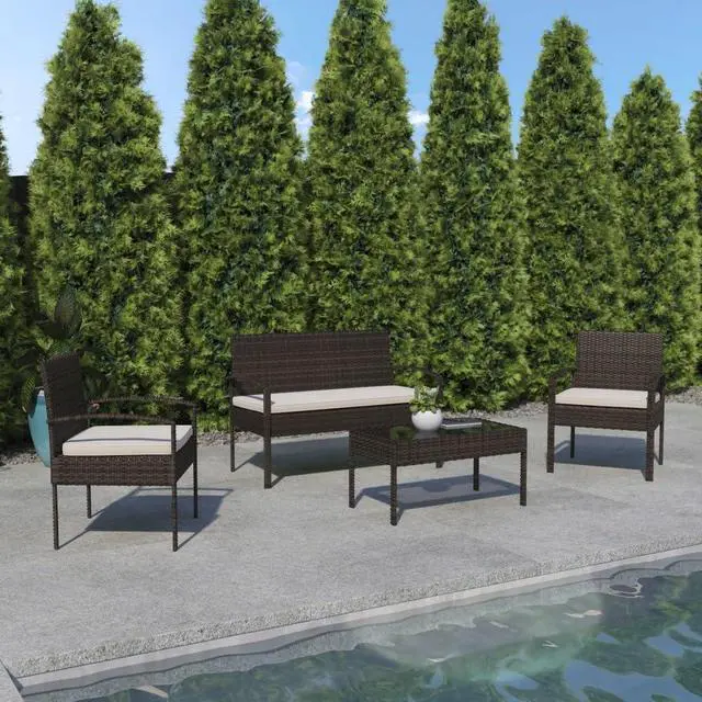 Alt view image 8 of 14 - Flash Furniture Aransas Patio Lounge Set Brown/Beige 4 Piece/Set (JJS312BNBG)