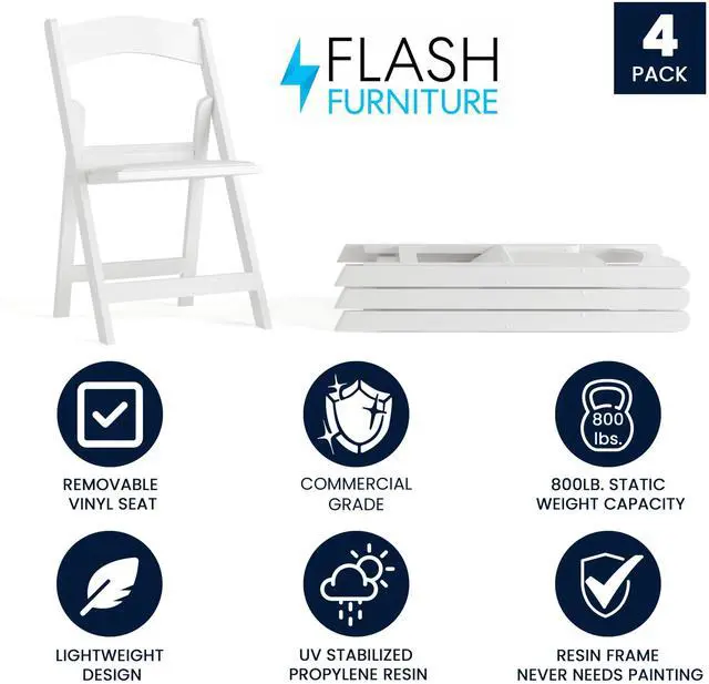Alt view image 4 of 7 - Flash Furniture Hercules Series Folding Chair - White Resin - Set of 4 800LB Weight Capacity Comfortable Event Chair - Light Weight Folding Chair