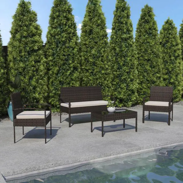 Alt view image 10 of 14 - Flash Furniture Aransas Patio Lounge Set Brown/Beige 4 Piece/Set (JJS312BNBG)
