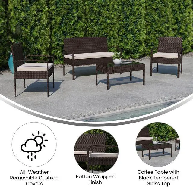 Alt view image 11 of 14 - Flash Furniture Aransas Patio Lounge Set Brown/Beige 4 Piece/Set (JJS312BNBG)